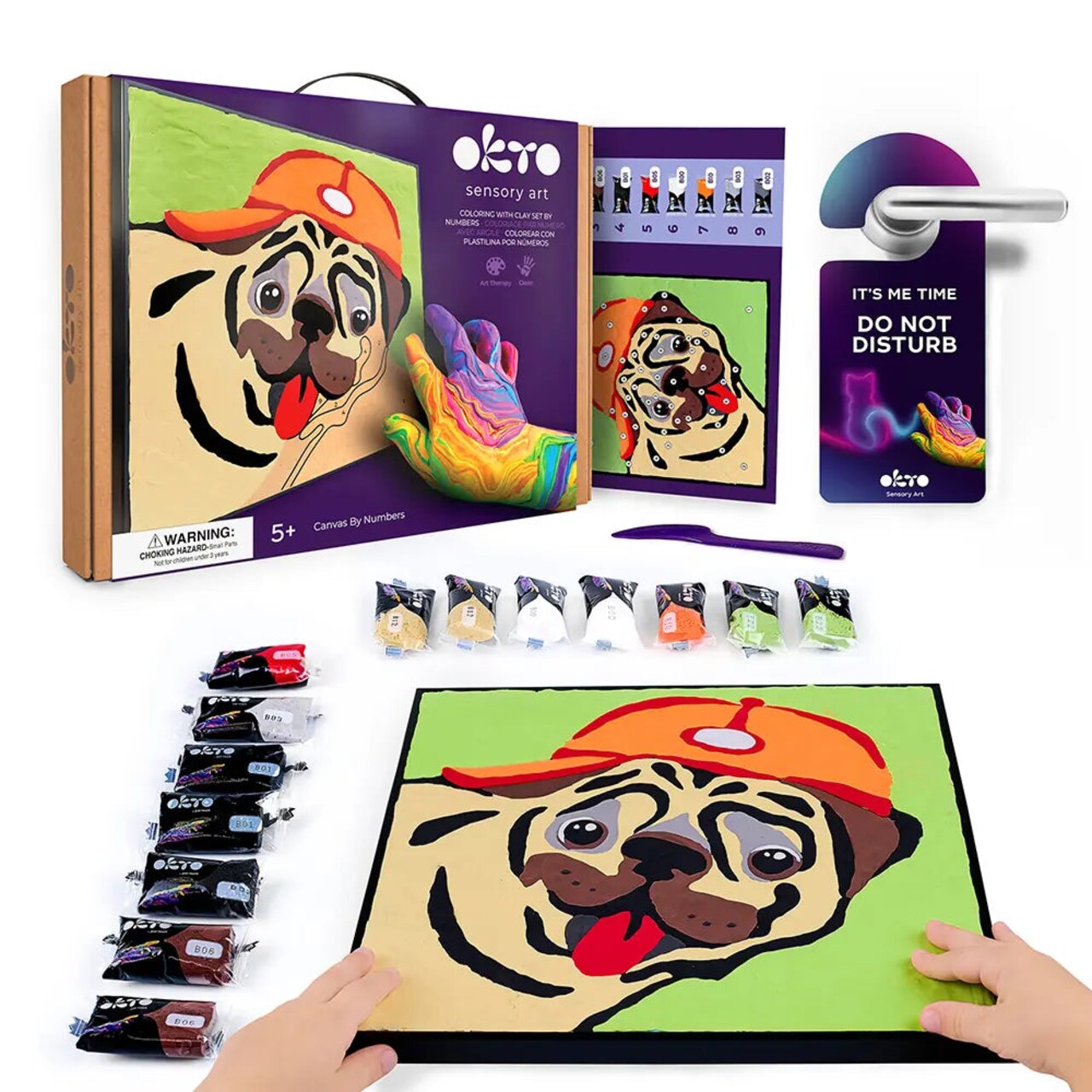 OKTO | DIY 3D Creative Air Dry Clay Kit | Kids Painting by Numbers Coloring Set | PUG DOG | Frame 11.8x11.8 in